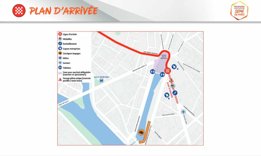 Plan d'arrivée du Semi-marathon de Paris 2022.